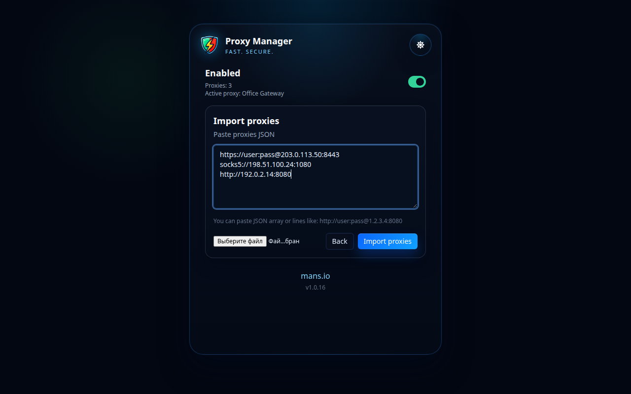 Proxy Yöneticisi içe aktarma ekranı