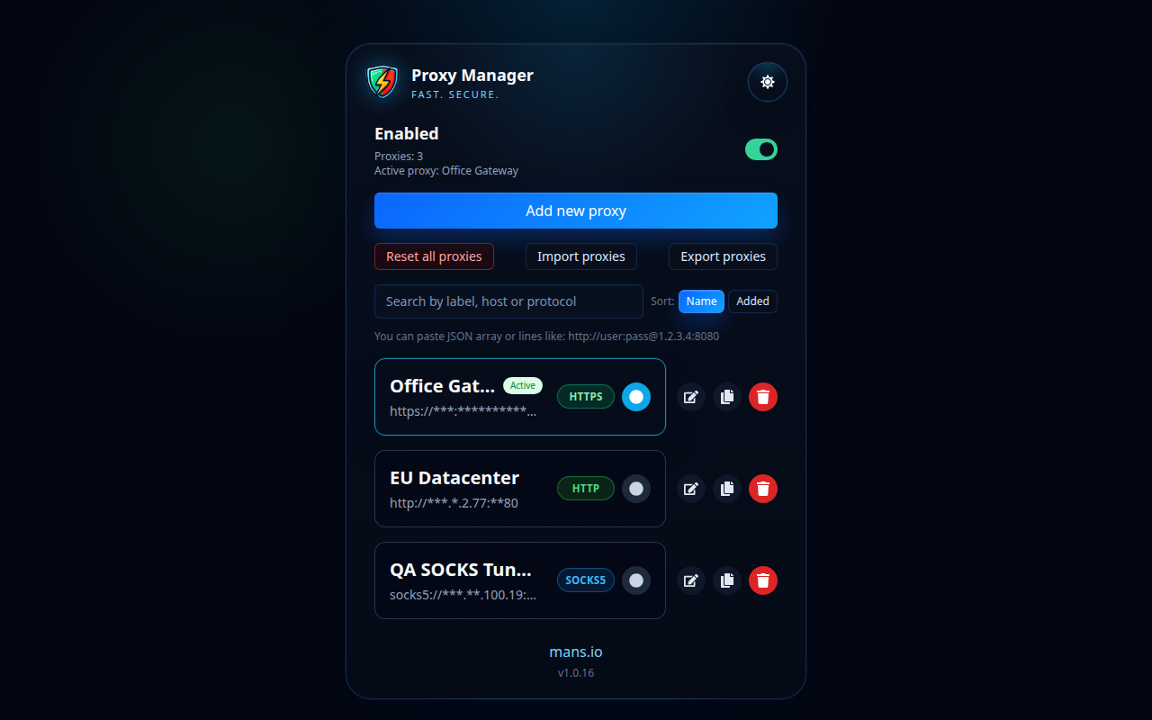 Proxy Yöneticisi profil listesi